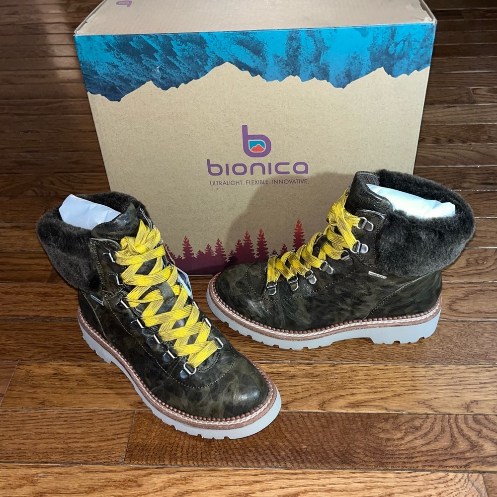 Bionica Danie Genuine Shearling Trim Hiking Boots Olive Green Camo Women’s 6 NEW - Picture 2 of 15
